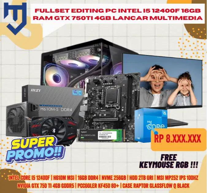 Fullset Editing PC Intel I5 12400F 16GB RAM GTX 750Ti 4GB Lancar Multi