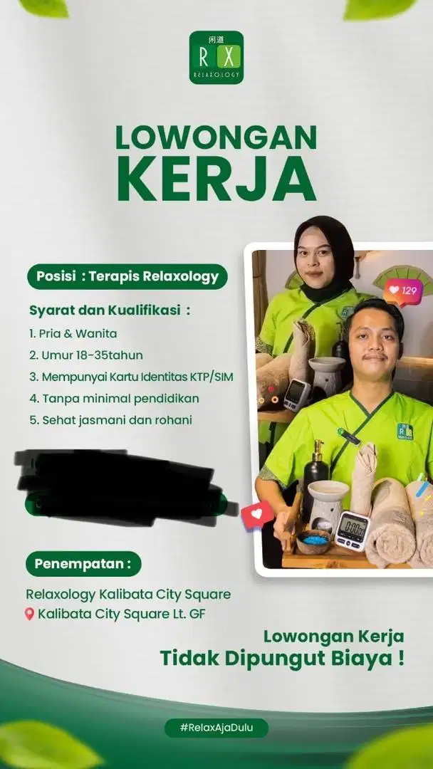 Dicari terapis untuk penempatan di outlet Relaxology Mall Kalibata