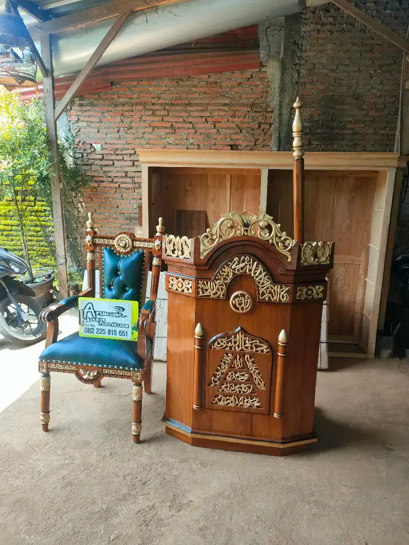 Mimbar masjid podium set kursi full kayu jati