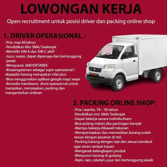 LOKER KURIR/DRIVER/PICKER dan Packing OnlineShop