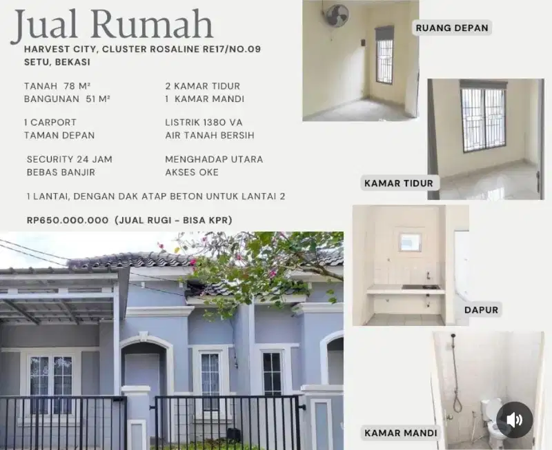 JUAL RUGI BU RUMAH DI CLUSTER ROSALINE HARVEST CITY