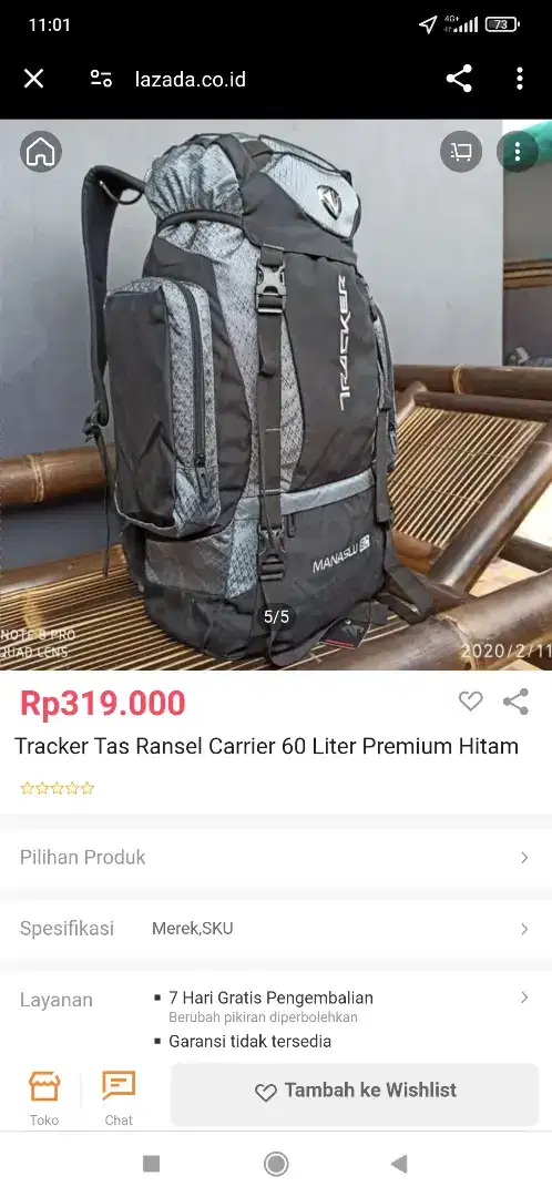 Tracker Tas Ransel Carrier 60 Liter Premium Hitam (TAS GUNUNG)