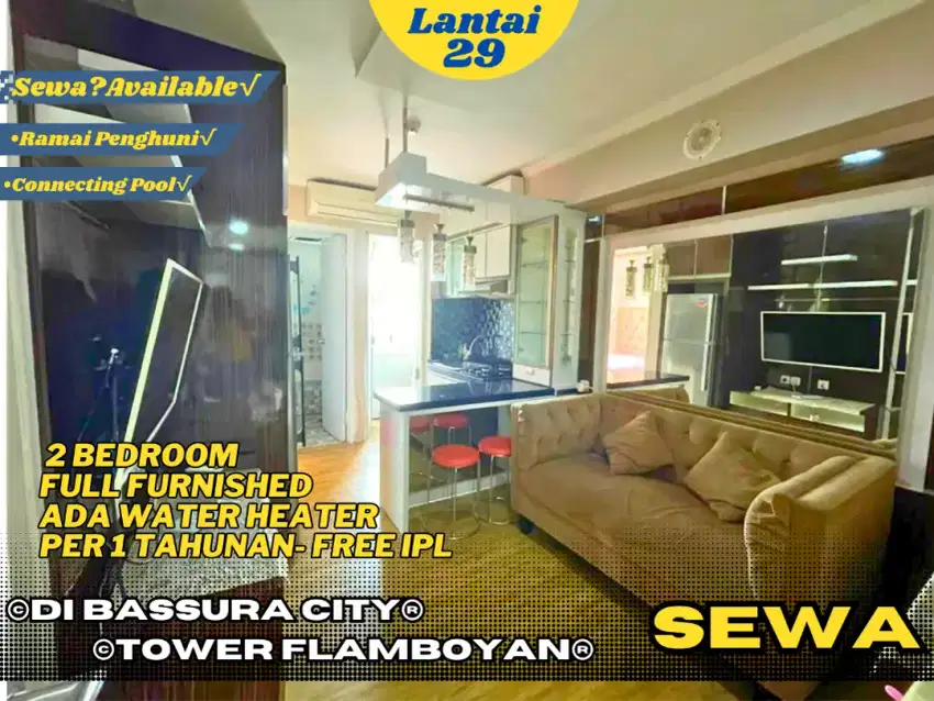 Sewa Tahunan Murah-2BR Furnished+Mesin Cuci-Free IPL-Di Bassura City