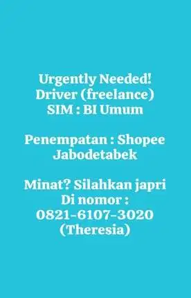 DIBUTUHKAN SEGERA - DRIVER (SIM BI UMUM)