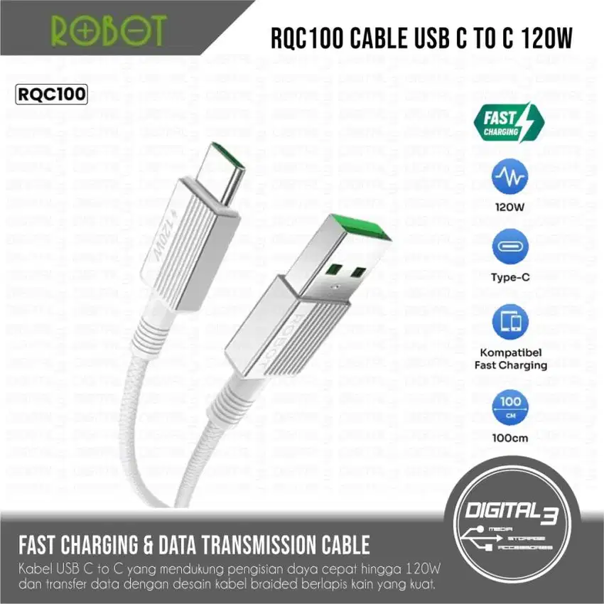 ROBOT Kabel Data RQC100 Cable USB-A to Type-C 120W Fast Charging for i