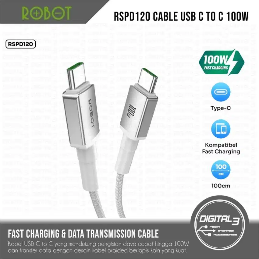 ROBOT Kabel Data RSPD120 Cable USB C to C 100W Fast Charging