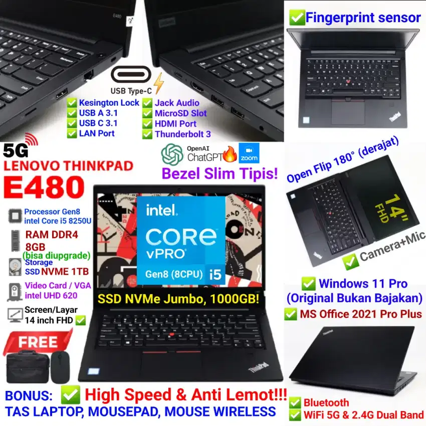 Core i5 8250U NVMe 1TB RAM 16GB DDR4 Laptop Lenovo Thinkpad E480