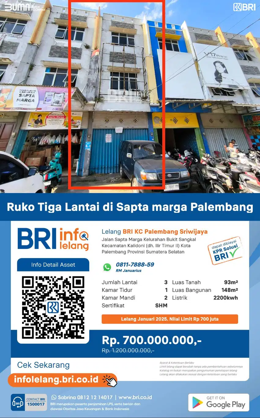 LELANG-Ruko 3 Lantai di Sapta Marga Palembang