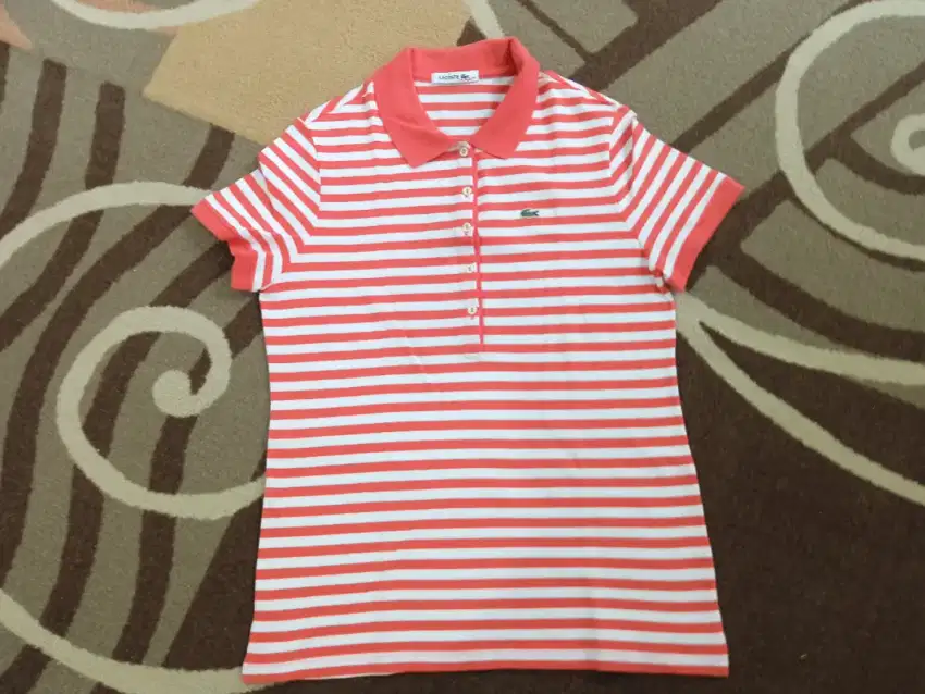 Baju Kaos Lacoste Woman Shirt Orange/White Stripes