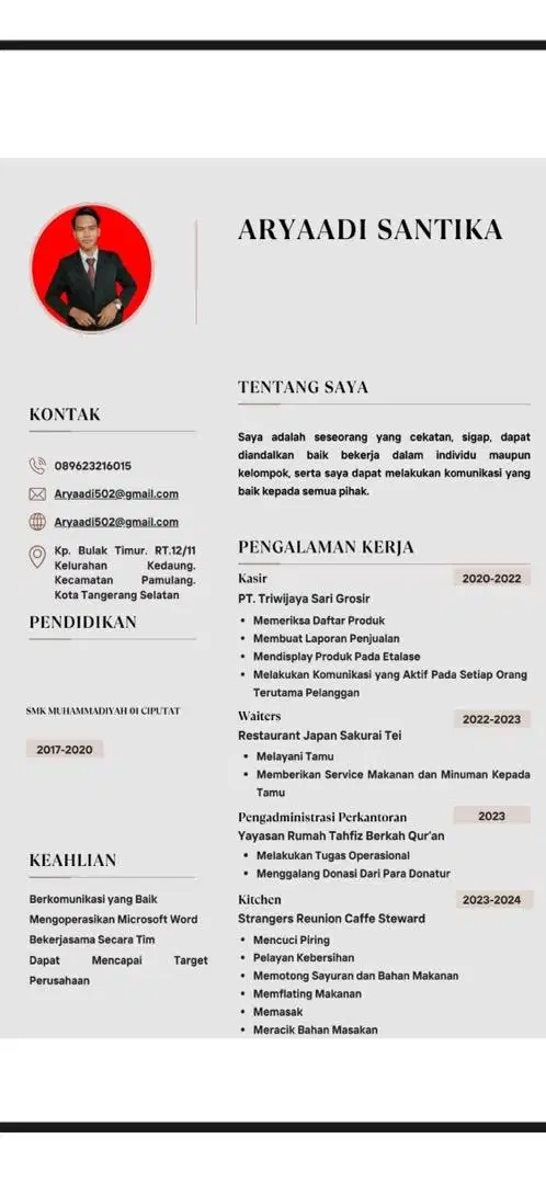 Saya atas nama aryaadi ingin mencari lowongan pekerjaan