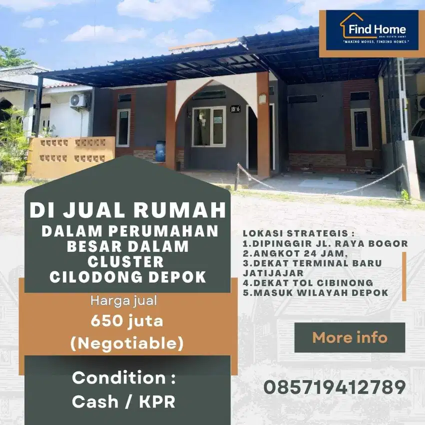 Dijual rumah didalam Cluster Kawasan perumahan yang strategis