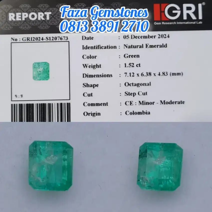 Emerald Colombia Minor Moderate ~1.52ct ~GRI ~hijaunya enak, christal