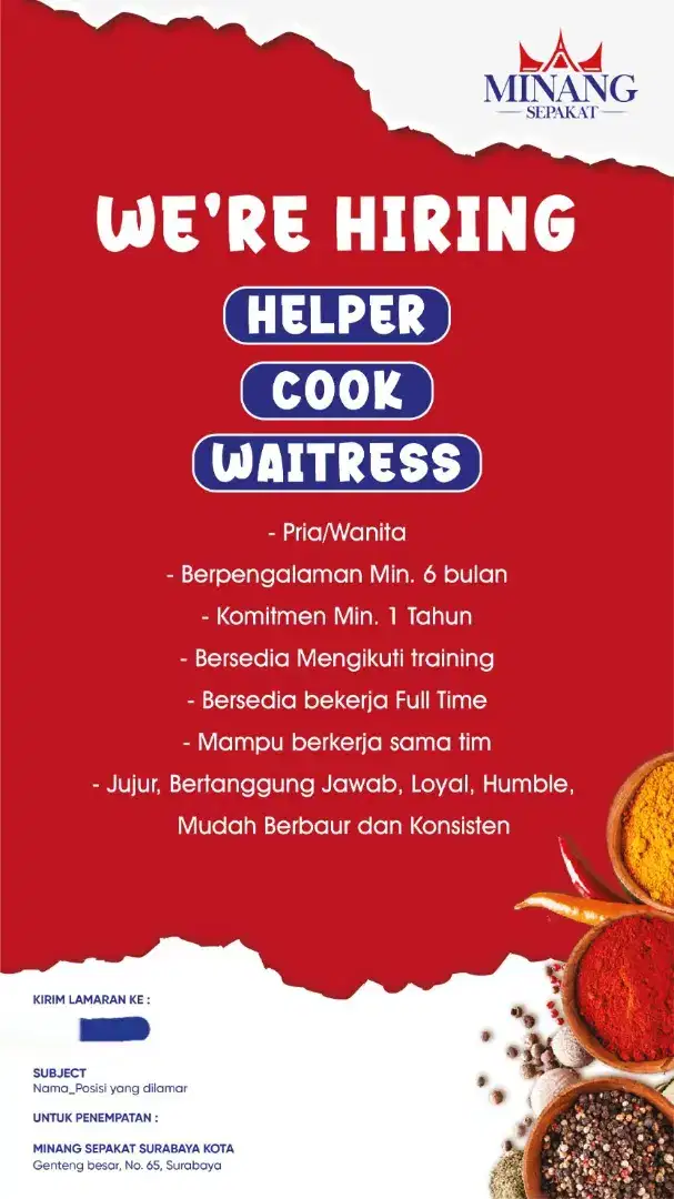 DIBUTUHKAN HELPER, COOK, WAITRESS