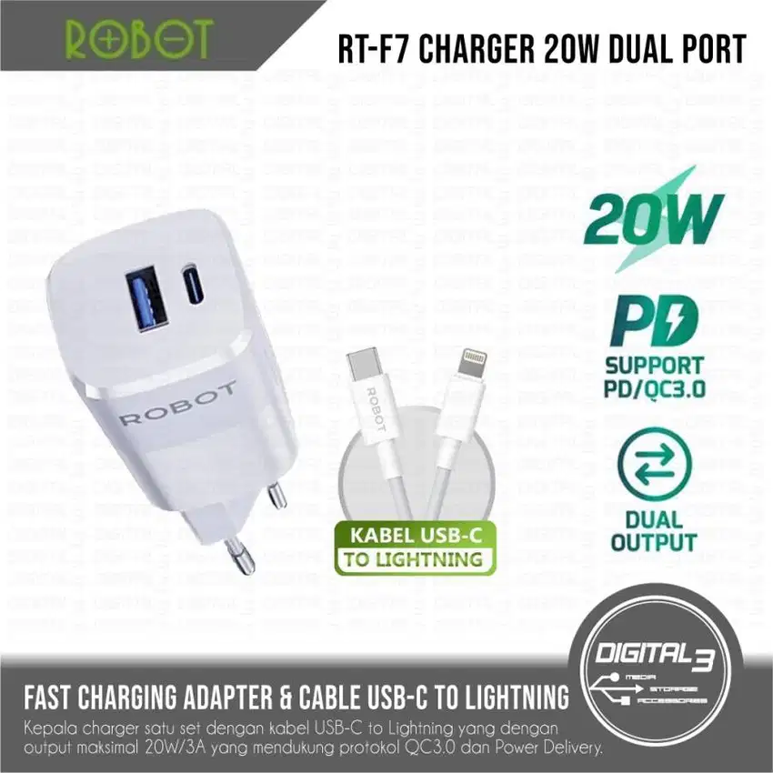 ROBOT Charger RT-F7 Adapter Dual Port USB-A Type-C 20W 3A PD QC3.0