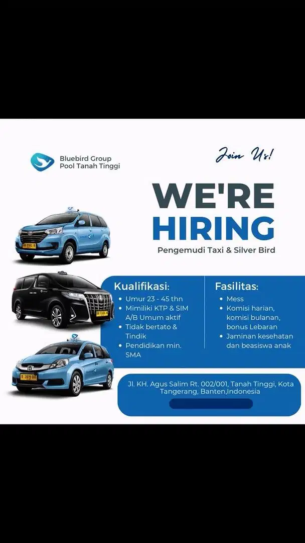 Loker Deiver Taksi Bluebird Pool Tanah Tinggi Tangerang