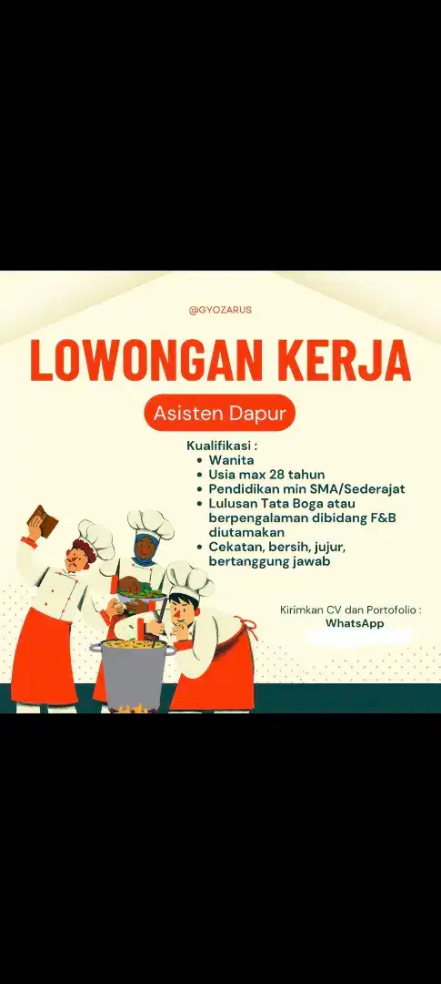 Lowongan Pekerjaan Assisten dapur & Penjaga booth(Freelance)