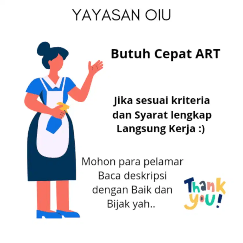 Loker ART di Jakarta, Tangerang langsung kerja via Yayasan OIU