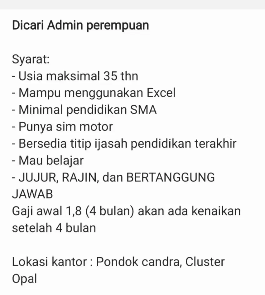 Dicari admin perempuan