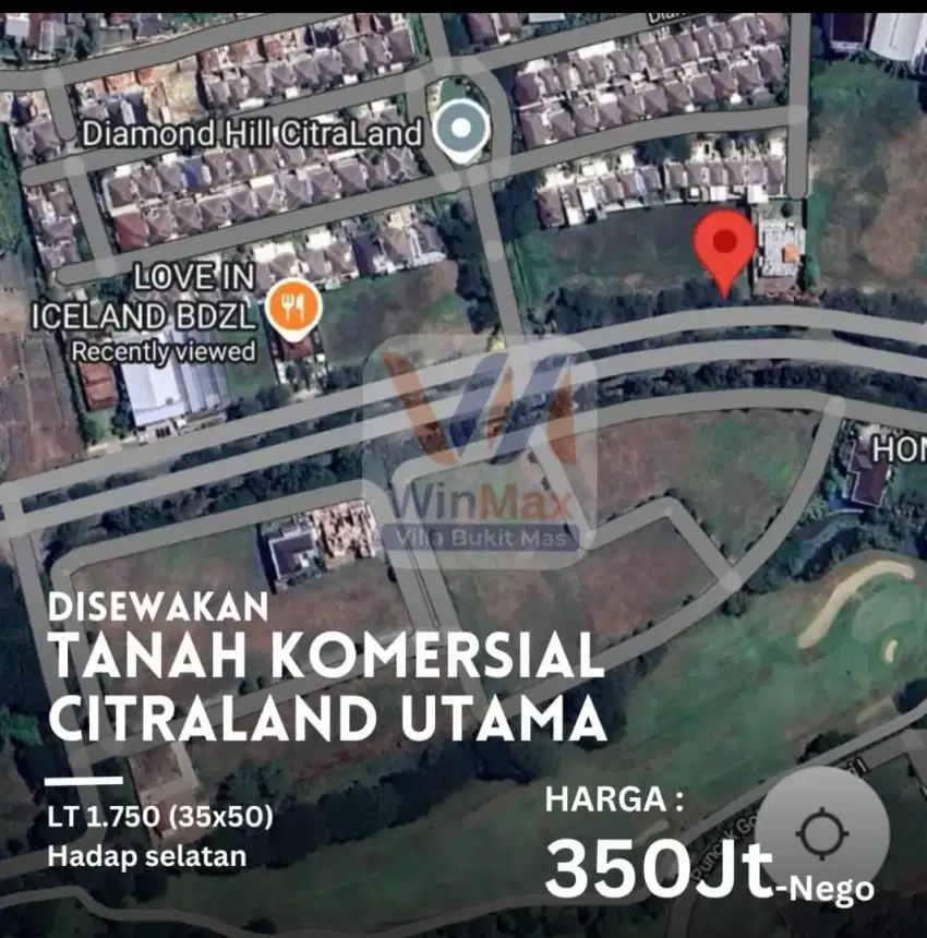 Disewakan TANAH KOMERSIAL Raya Diamond Hill, Citraland Utama