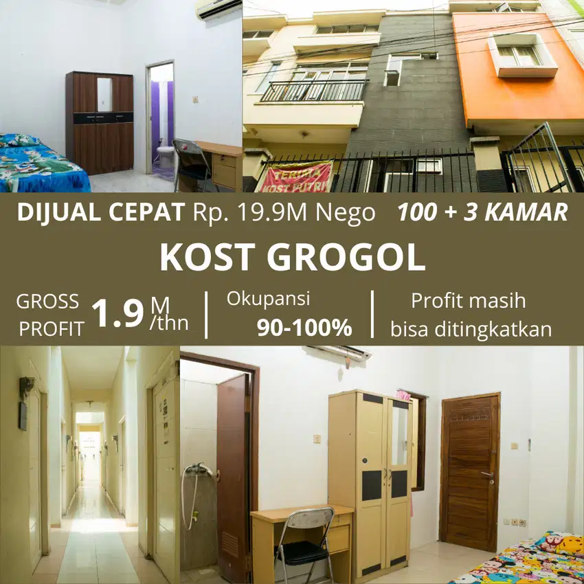 Rumah Kost Aktif Grogol Income 1.9M/thn Okupansi 90-100%