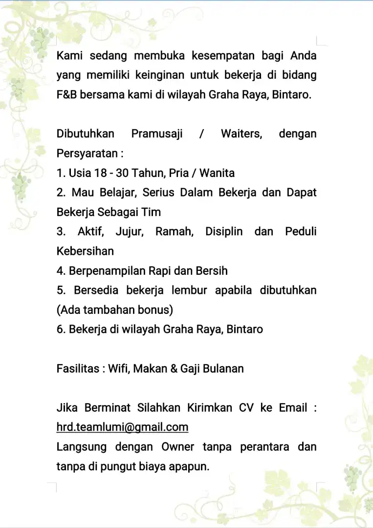 Dicari Waiters / Pramusaji Wanita / Pria wilayah Graha Raya Bintaro