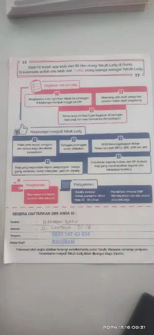 Lowongan Kerja Khusus Ibu Rumah Tangga Sebagai Yakult Lady