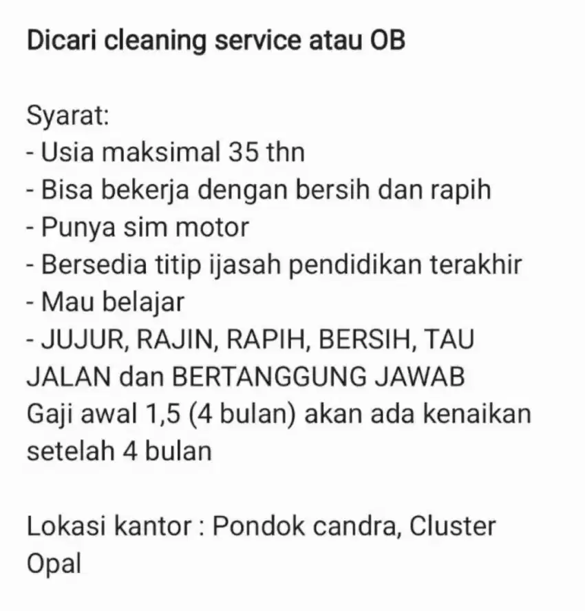 Dicari OB atau cleaning servis