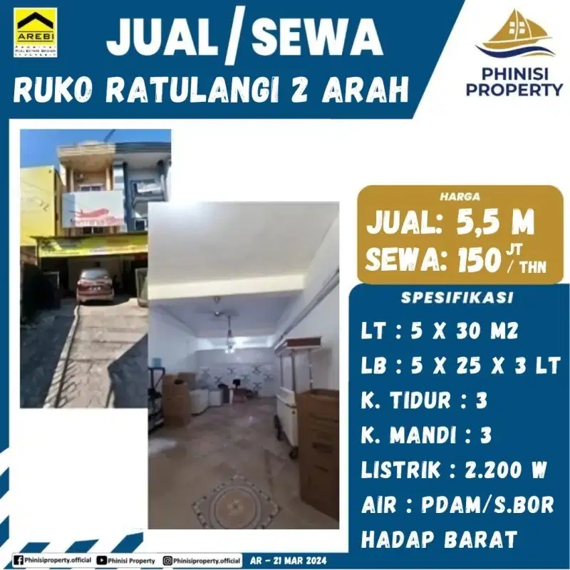 DIJUAL RUKO 3 LANTAI JALAN RATULANGI 2 ARAH TENGAH KOTA MAKASSAR