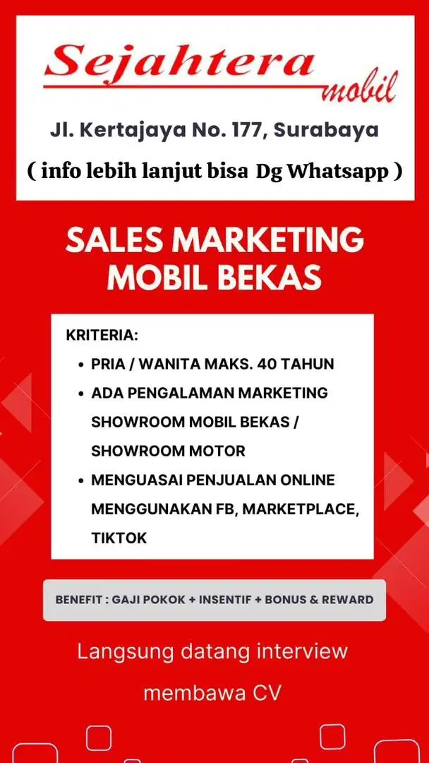 DI CARI MARKETING PRIA WANITA MOBIL BEKAS