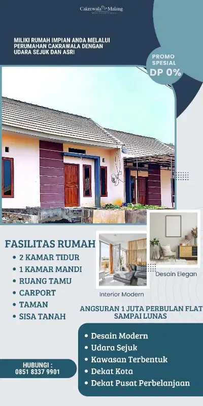 Promo Rumah Tanpa DP, Lokasi Mepet Kota Malang