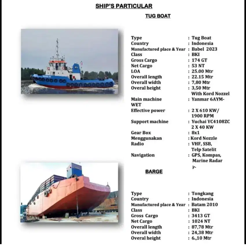 Dijual Tugboat & tongkang 300 feet tahun 2023 - 2012