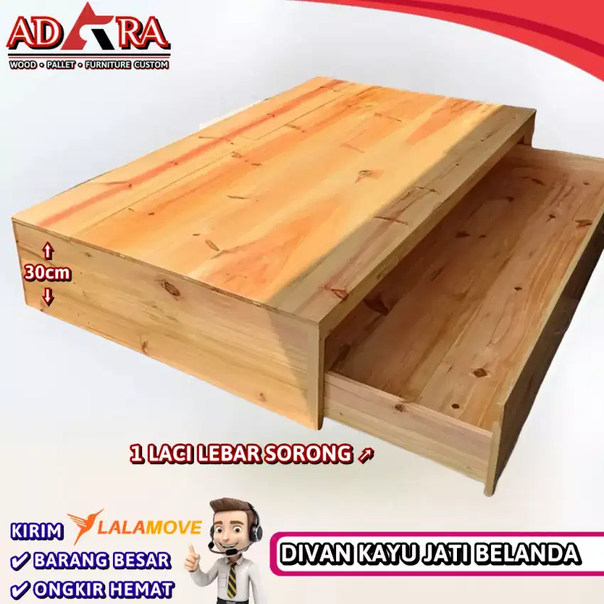 Dipan 200x120x30cm kayu jati belanda 1 laci sorong 2 laci box atas