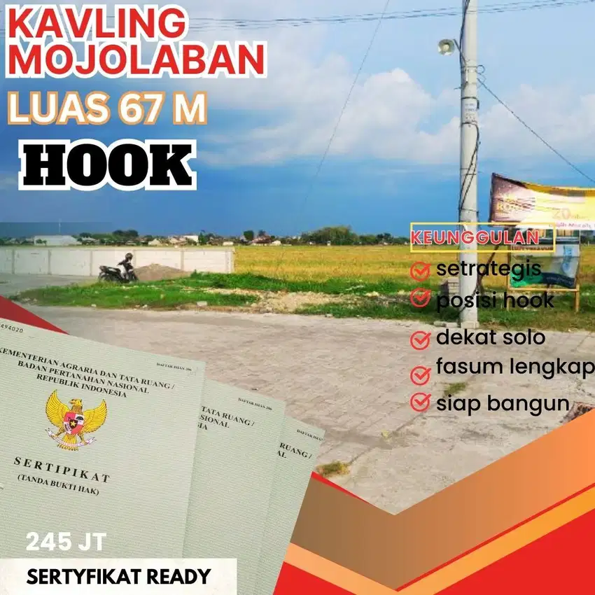 DIJUAL TANAH HOOK DI PERUMAHAN TIMUR PASAR KLIWON SOLO CASHBACK 15JT