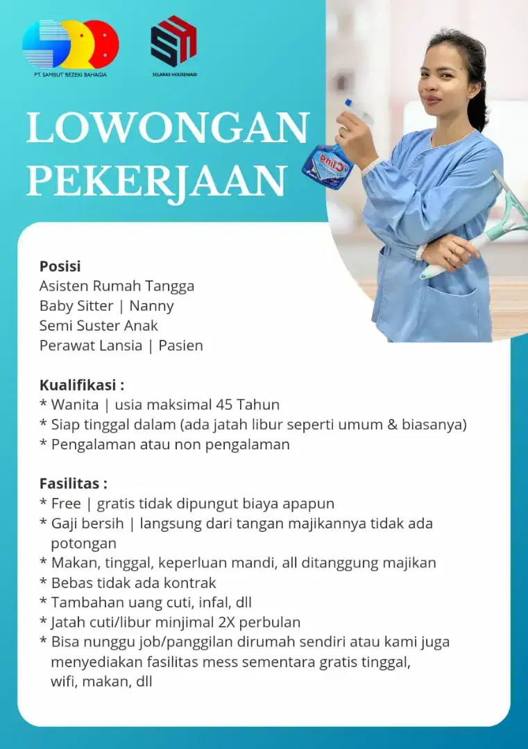 Lowongan Wanita ART, BabySitter, Suster Lansia