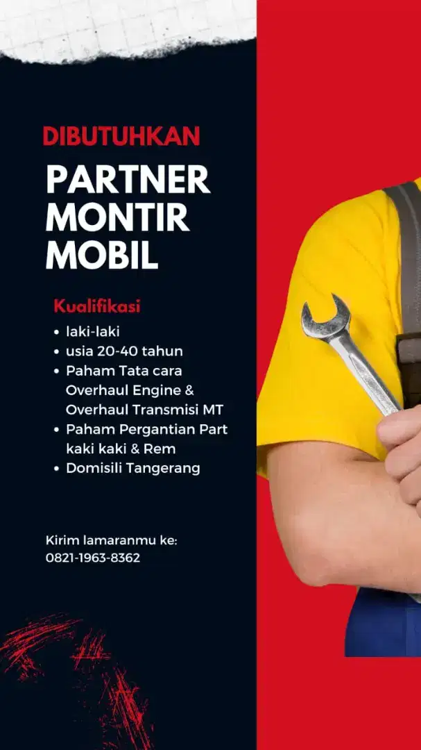 Dibutuhkan Mekanik Bengkel Mobil / Montir Mobil