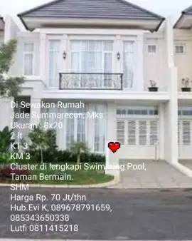 Disewakan Rumah 2 lantai di Cluster Jade Summarecon Makassar