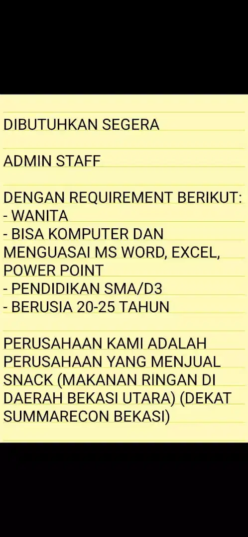 DIBUTUHKAN SEGERA (STAFF ADMIN)