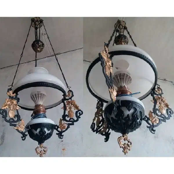 Original Antik Lampu minyak katrol bahan besi solid dan kristal porcel