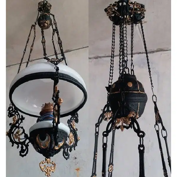 Antik Art Decco Lampu minyak kerek / katrol kuno kristal porcelain kap