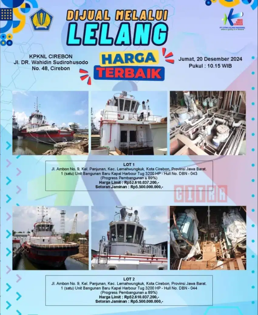 Muraah via Lelang !! 2 Unit Kapal Baru jenis Harbour Tugs 3200 HP