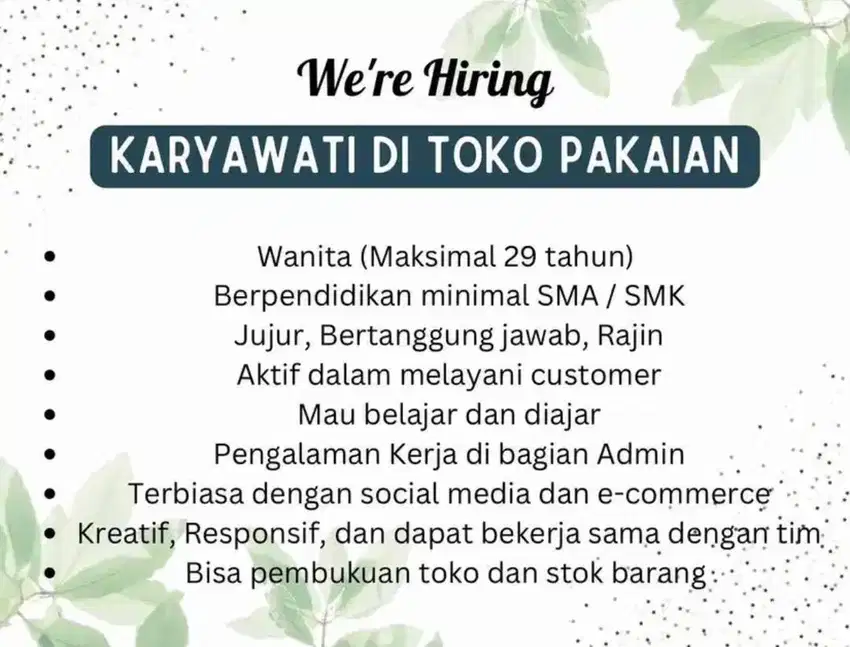 Dicari ADMIN Karyawati untuk Toko Pakaian