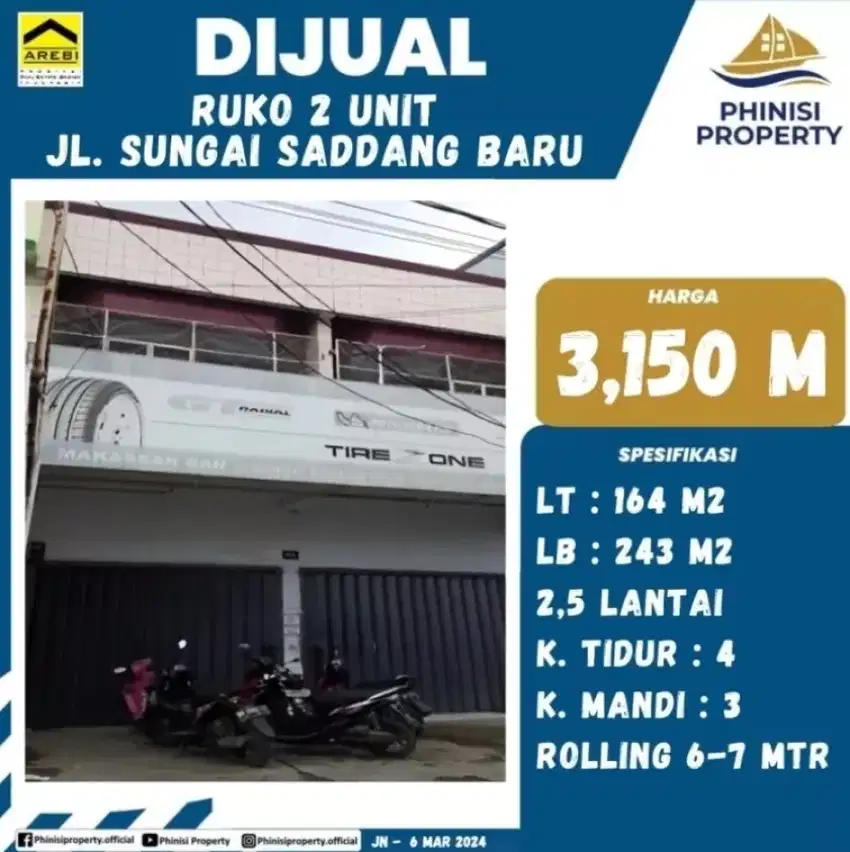 DIJUAL Ruko 2 Petak Tengah Kota Jalan Sungai Saddang Baru