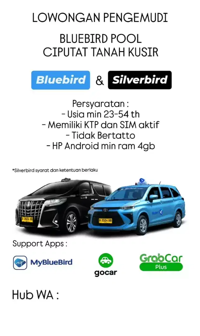 Dibutuhkan Driver Taksi BlueBird Pool Ciputat Tanah Kusir Jaksel