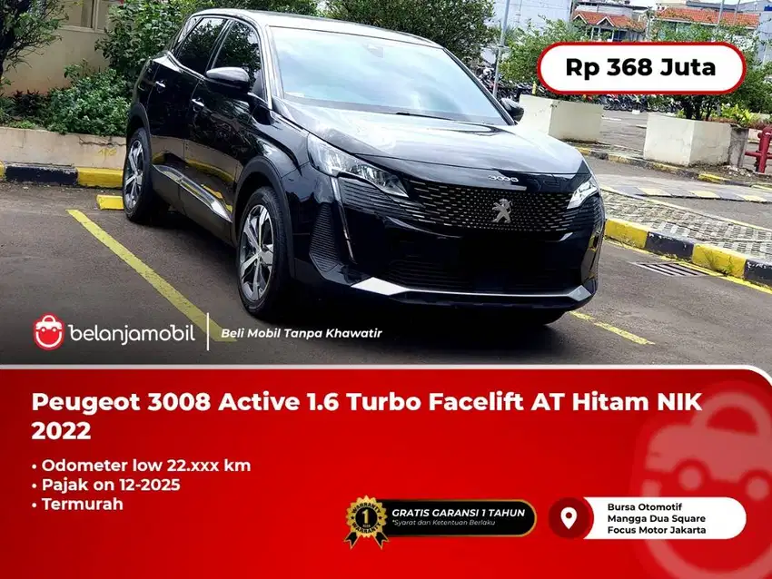 [LOW KM 22RB] Peugeot 3008 Active 1.6 Turbo Facelift AT Hitam NIK 2022