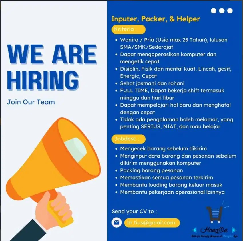 Lowongan Kerja Staff Onlineshop PACKER HELPER