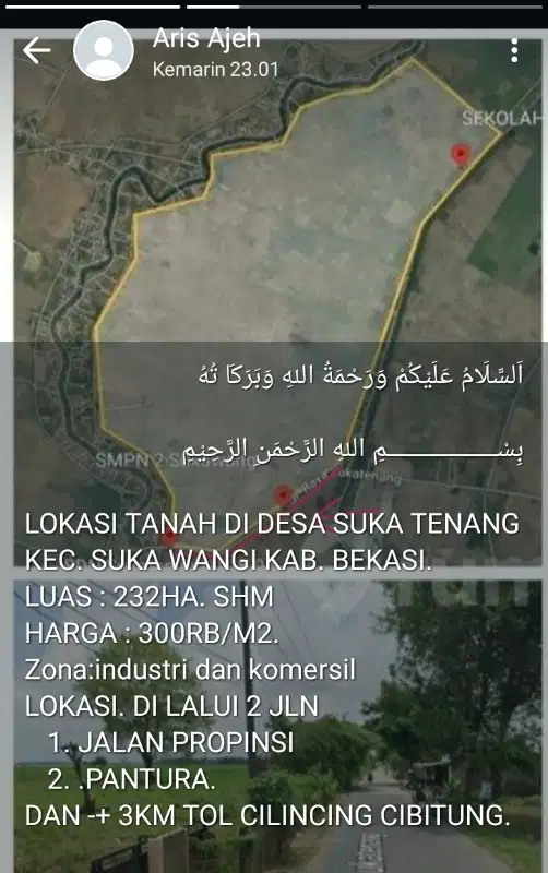 Dijual tanah 232 Ha di desa suka tenan, kecamatan sukawangi, Bekasi.