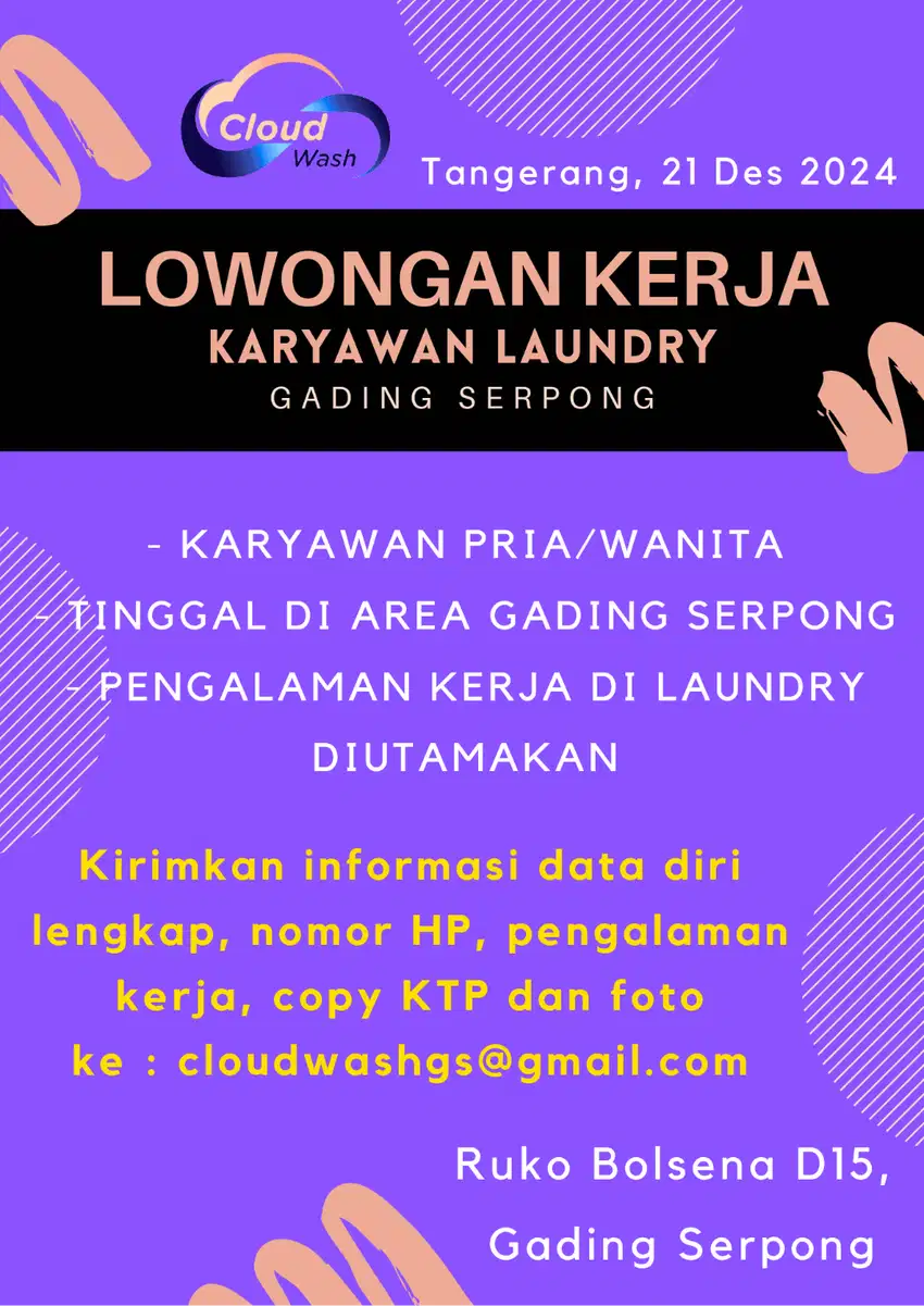 Dibutuhkan segera karyawan Laundry di Gading Serpong