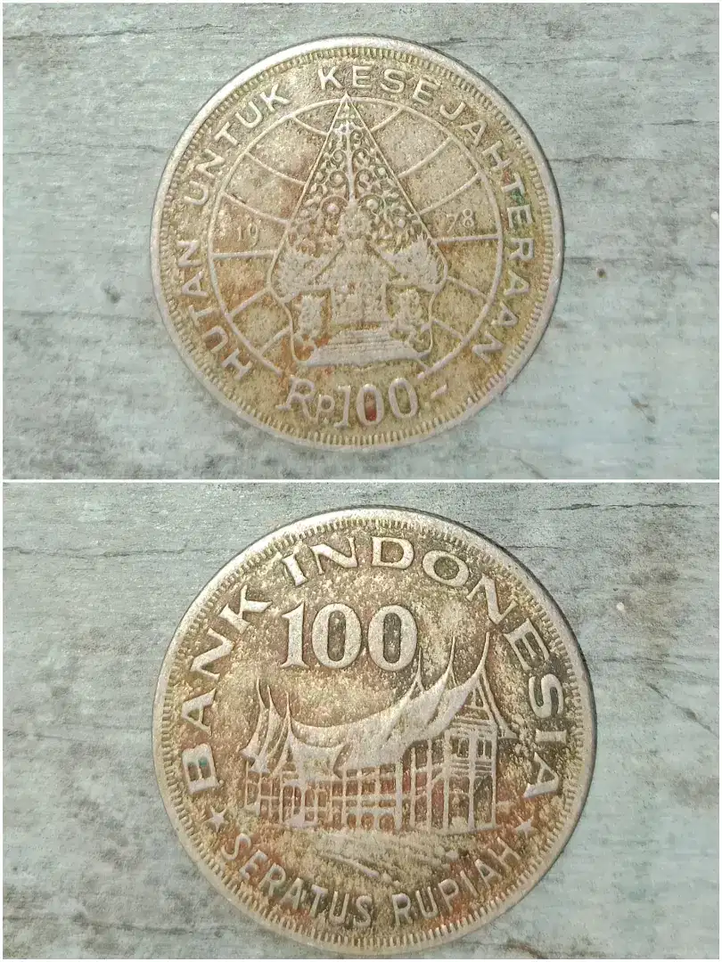 Uang koin Rp.100 Gambar rumah gadang Tahun 1978