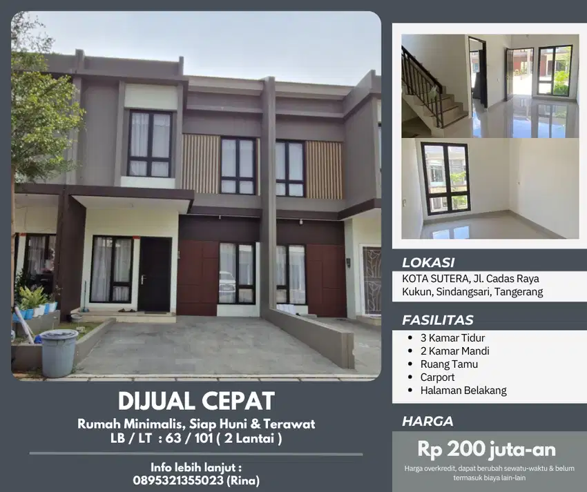 Jual Cepat Tanpa Perantara Rumah 2 Lantai Siap Huni Tangerang