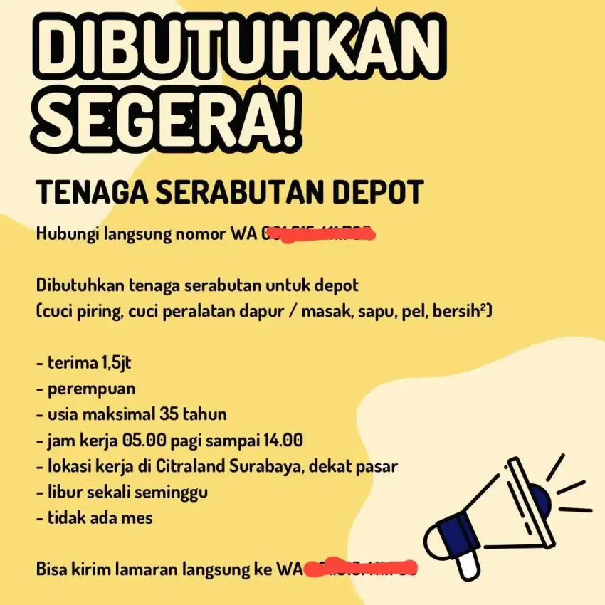 DIBUTUHKAN SEGERA TENAGA SERABUTAN UNTUK DEPOT